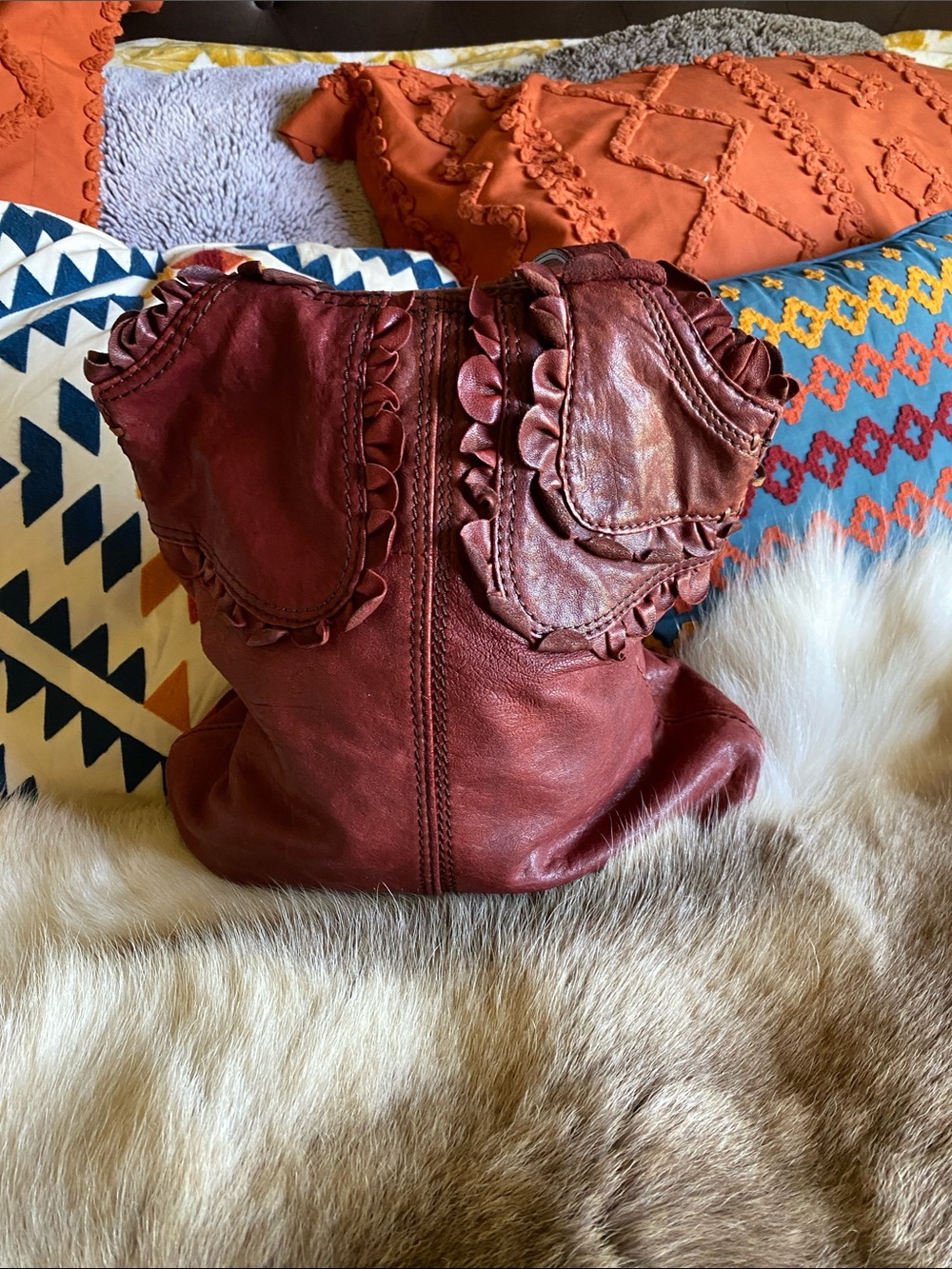 Lucky Brand Leather Ruffle Shoulder Bag - Burgundy